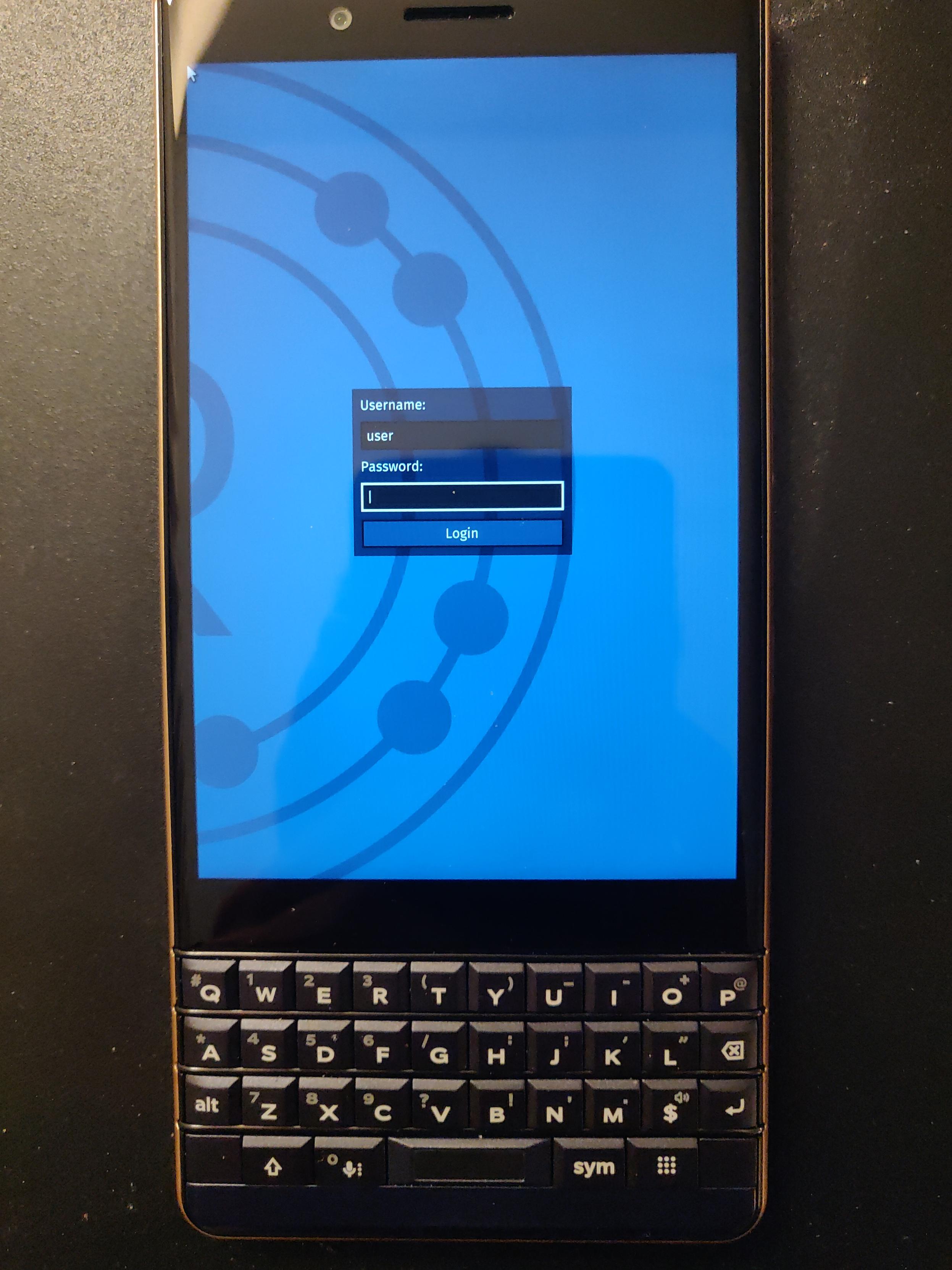 Image of Redox OS Login prompt on Blackberry KEY2 LE